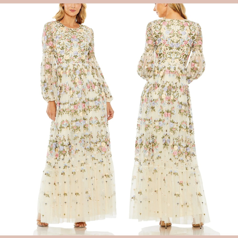 NWT Mac Duggal [ 24 ] 35161 Floral Embroidered Blouson Sleeve‎ Gown Ivory #S1967 - Picture 16 of 16